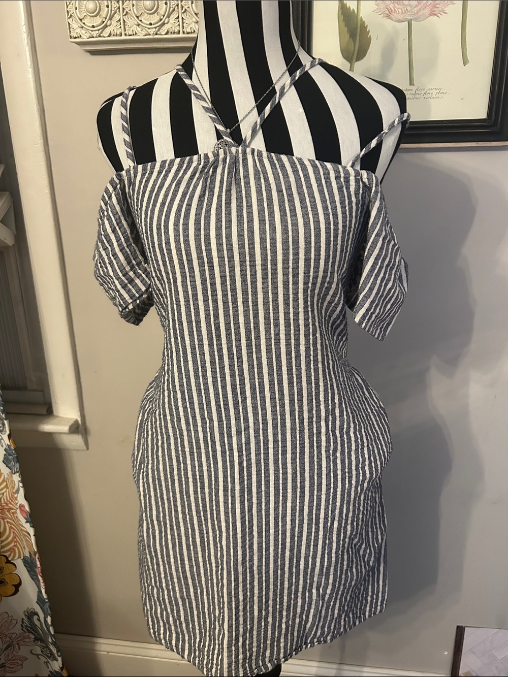 Lush Striped Blue and White linen cotton Women's Dress XS